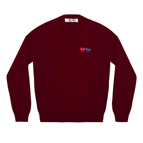 [해외]Comme des Garcons Play Double Heart Sweater (Burgundy) [꼼데가르송 가디건] (play-double-heart-sweater-burgundy)
