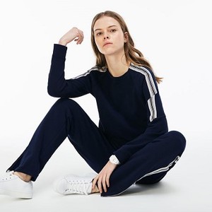 [해외] Lacoste Womens Crew Neck Contrast Bands Crepe Fleece Sweatshirt [라코스테니트,라코스테스웨터] NAVY BLUE/VANILLA PLANT (SF3079_2DF_20)