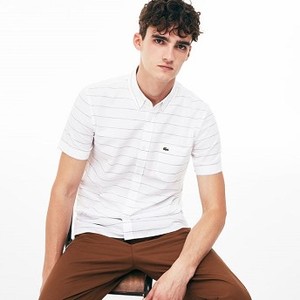 [해외] Lacoste Mens Slim Fit Striped Oxford Cotton And Linen Shirt [라코스테맨투맨] white (CH4966_001_20)