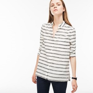 [해외] Lacoste Womens Regular Fit Striped Cotton And Silk Voile Shirt [라코스테맨투맨] WHITE (CF3914_001_20)