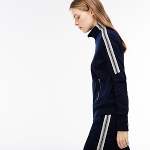 [해외] Lacoste Womens Contrast Bands Crepe Fleece Zip Sweatshirt [라코스테니트,라코스테스웨터] NAVY BLUE/VANILLA PLANT (SF6386_2DF_20)