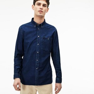 [해외] Lacoste Mens Regular Fit Pinstriped Indigo Cotton Poplin Shirt [라코스테맨투맨] NAVY BLUE (CH4971_166_20)