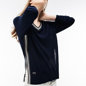 [해외] Lacoste Womens Slit Silk Sweater With Piping [라코스테니트,라코스테스웨터] NAVY BLUE/VANILLA PLANT (AF5087_2DF_24)