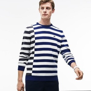 [해외] Mens Crew Neck Off-Center Stripes Cotton T-shirt [라코스테 LACOSTE] METHYLENE/FLOUR-GRAPHITE- (AH7083-51-QVJ)