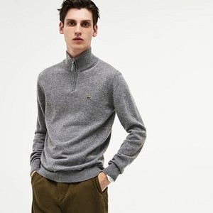 [해외] Mens Zippered Stand-Up Collar Merino Wool Jersey Sweater [라코스테 LACOSTE] grey/navy blue/white (AH1682-51-UXR)