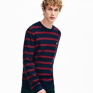 Mens Crewneck Pinstriped Wool and Cotton Sweater [라코스테 스웨터] Navy Blue/Bordeaux-YA6 (Selected colour) (AH8380-51)