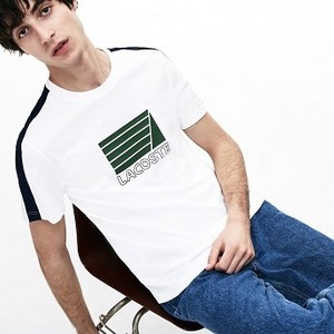 Mens Crew Neck Cotton T-shirt [라코스테 반팔,폴로티] White/Navy Blue-522 (Selected colour) (TH4284-51)