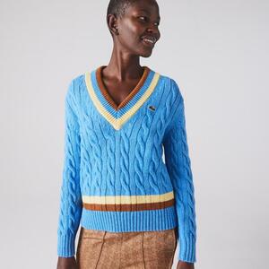 [해외] 라코스테 Womens V Neck Cable Knit Wool Sweater AF9186_060