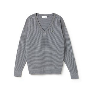[해외] Lacoste Womens V-neck Pinstriped Cotton Jersey Sweater [라코스테니트,라코스테스웨터] NAVY BLUE/VANILLA PLANT (AF3078_2DF_24)