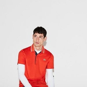 [해외] Mens SPORT Lettering Stretch Technical Jersey Golf Polo Shirt [라코스테 반팔,폴로티] Red/Navy Blue/White (DH3360-51)