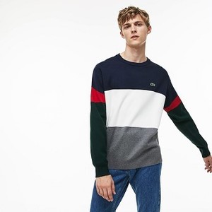 Mens Crew Neck Colorblock Flat Ribbed Cotton Sweater [라코스테 스웨터] Grey/White/Blue/Red/Green-ATB (Selected colour) (AH9173-51)