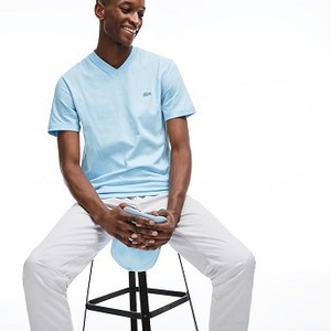 Mens V-Neck Cotton T-shirt [라코스테 반팔,폴로티] Light Blue/White-786 (Selected colour) (TH4331-51)