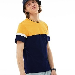 Mens Crew Neck Jersey T-shirt [라코스테 반팔,폴로티] Navy Blue/Yellow/White-7LJ (Selected colour) (TH4238-51)